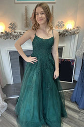 Long Lace Dark Green Formal Dress A-Line Spaghetti Straps